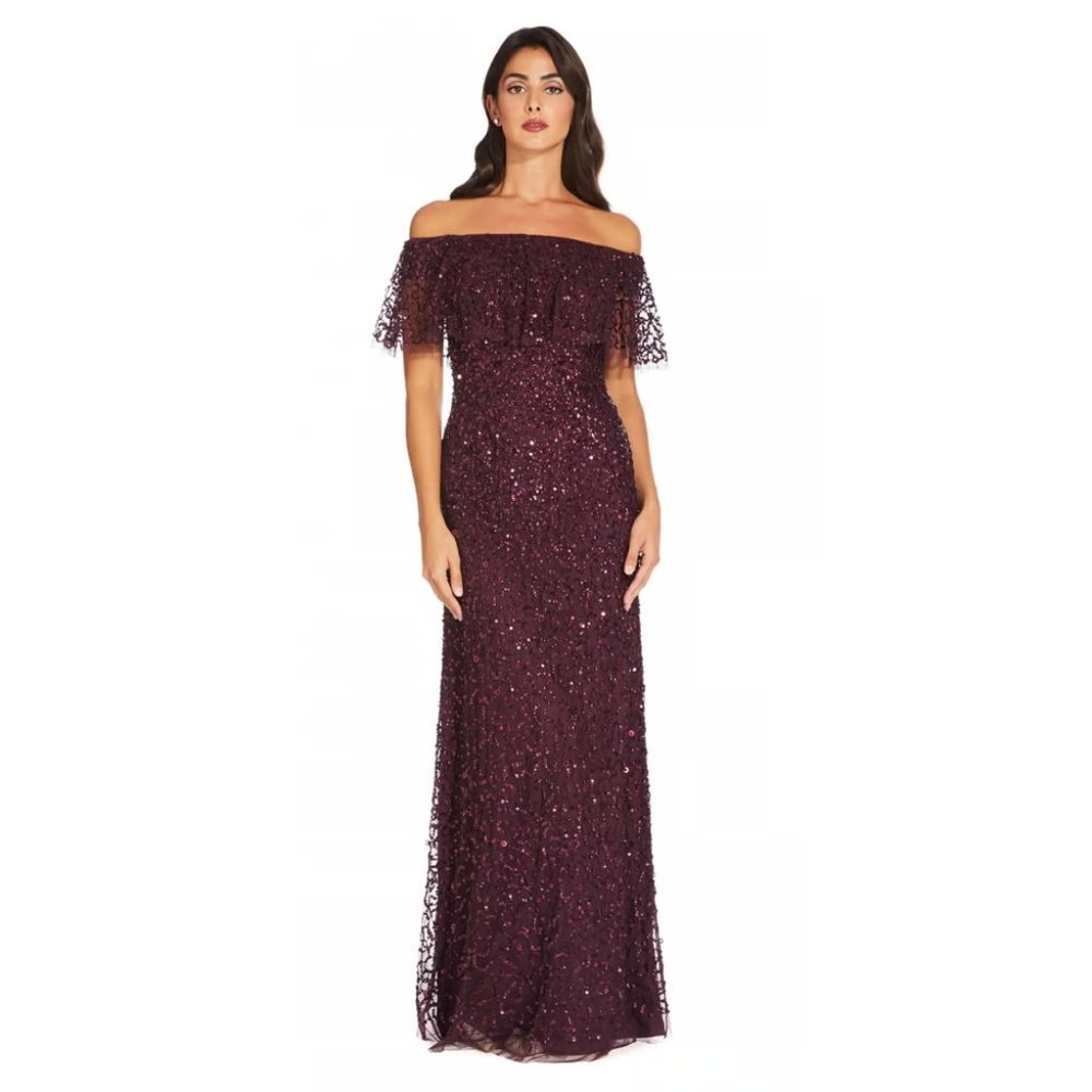 Adrianna papell ruffle off the shoulder beaded gown 12 Wine
